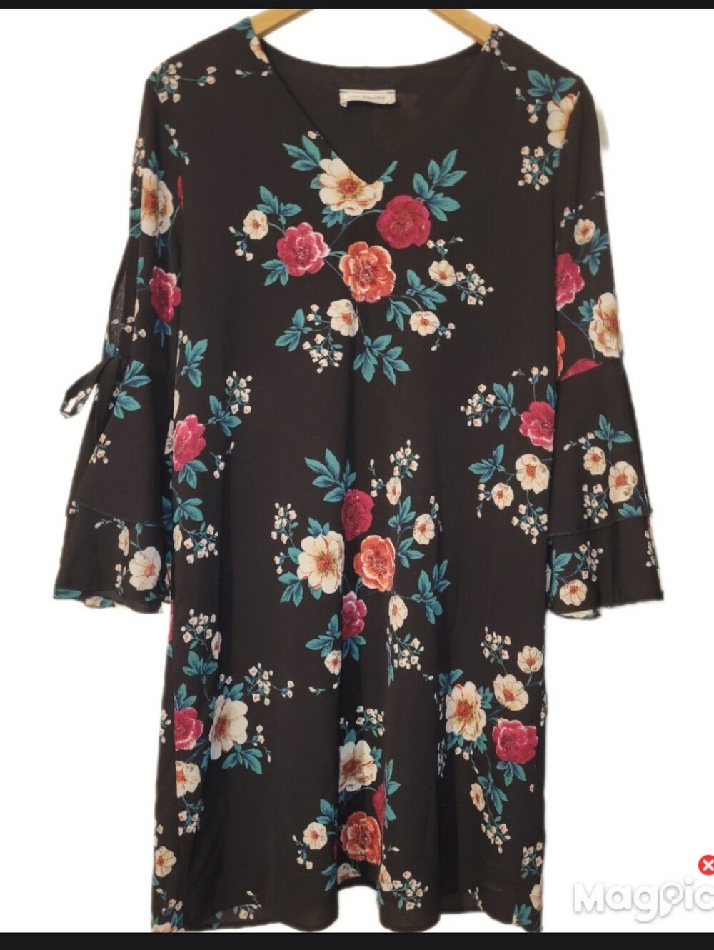 Romantic Ces Femme Med Black Floral Mini Shift Dress Tiered Flounce Bell Sleeves